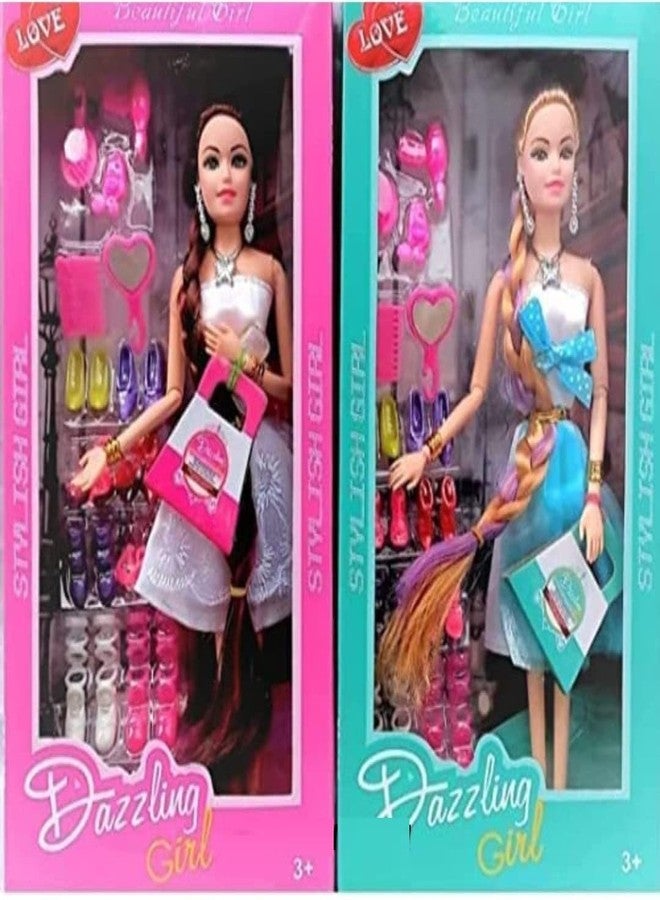 DESCTIDY Combo Beautiful Doll Toy Set with Movable Joints and Other Ornaments & Fashionable Dresses for Girls Baby Kids Dream House Adventures (Pack of 2) - Image 1
